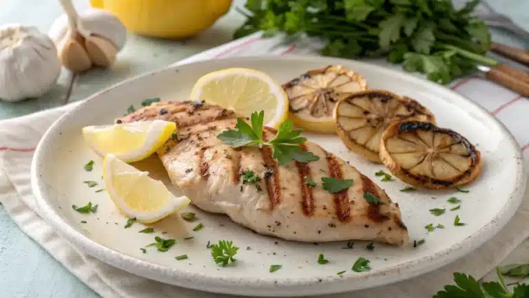 Low sodium grilled chicken breast with herbs and lemon