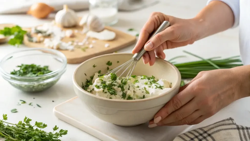making homemade boursin cheese recipe in kitchen