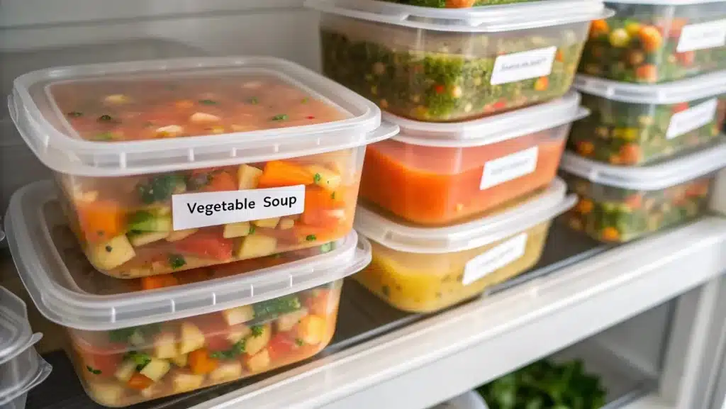 Meal-prepped containers of 10 vegetable soup