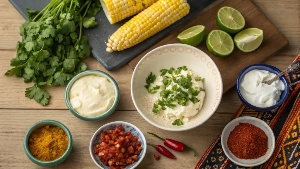 Ingredients for Mexican street corn dip with cream cheese on table