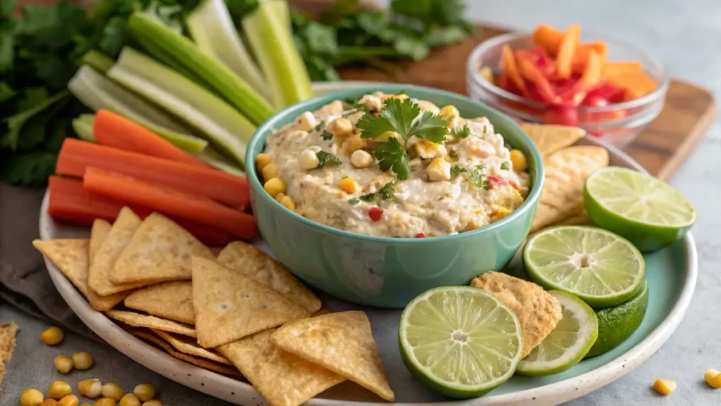 Mexican street corn dip with cream cheese served with chips and veggies