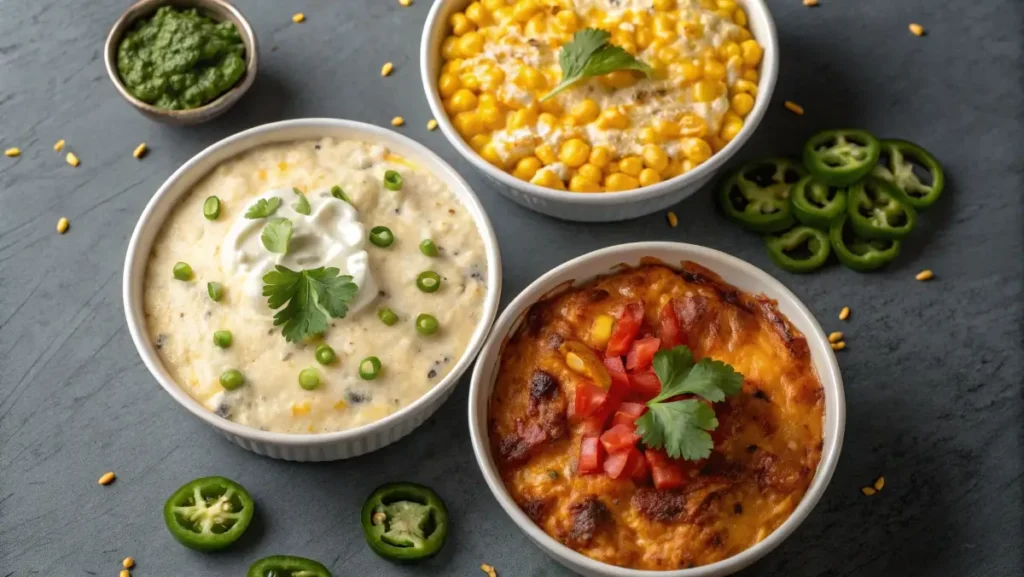 Variations of Mexican street corn dip with canned corn including spicy, cheesy, and healthy versions