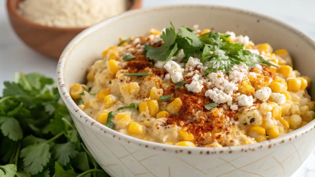 Mexican street corn dip with canned corn served with cotija cheese and cilantro