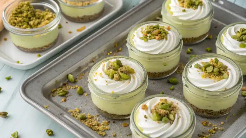 mini pistachio no bake cheesecakes in jars with whipped cream