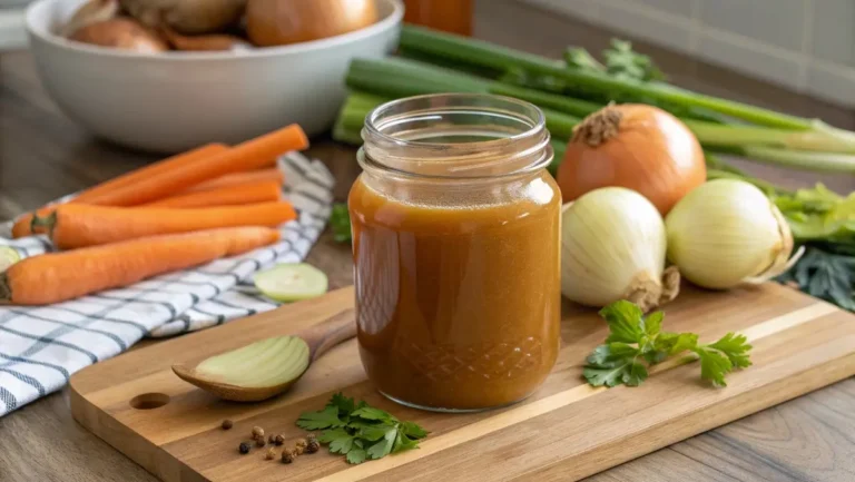 Mirepoix broth concentrate in jar with fresh vegetables