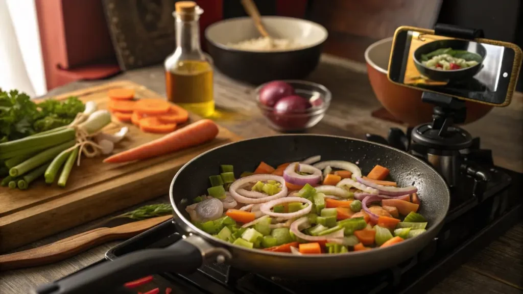 Vegetables sautéing for mirepoix broth concentrate