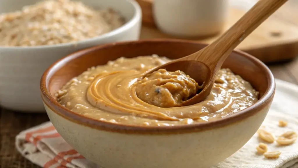 Mixing peanut butter and oats for cookies