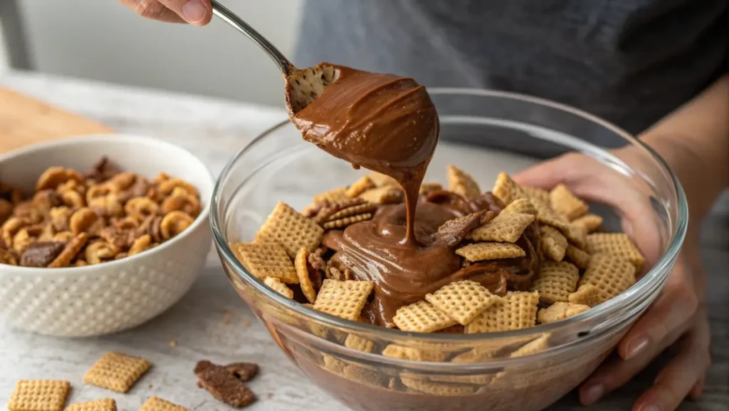 Mixing puppy chow chocolate and peanut butter with Chex cereal