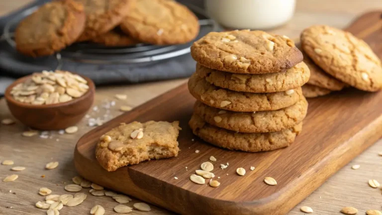 Fresh oatmeal peanut butter cookies on wooden board