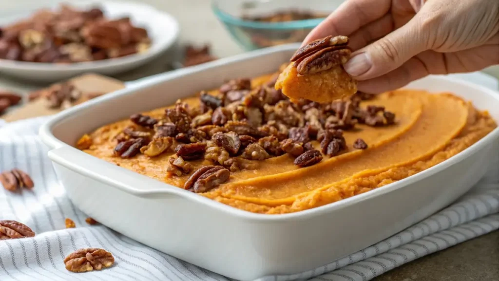 Spreading sweet potato mixture with pecan topping in dish