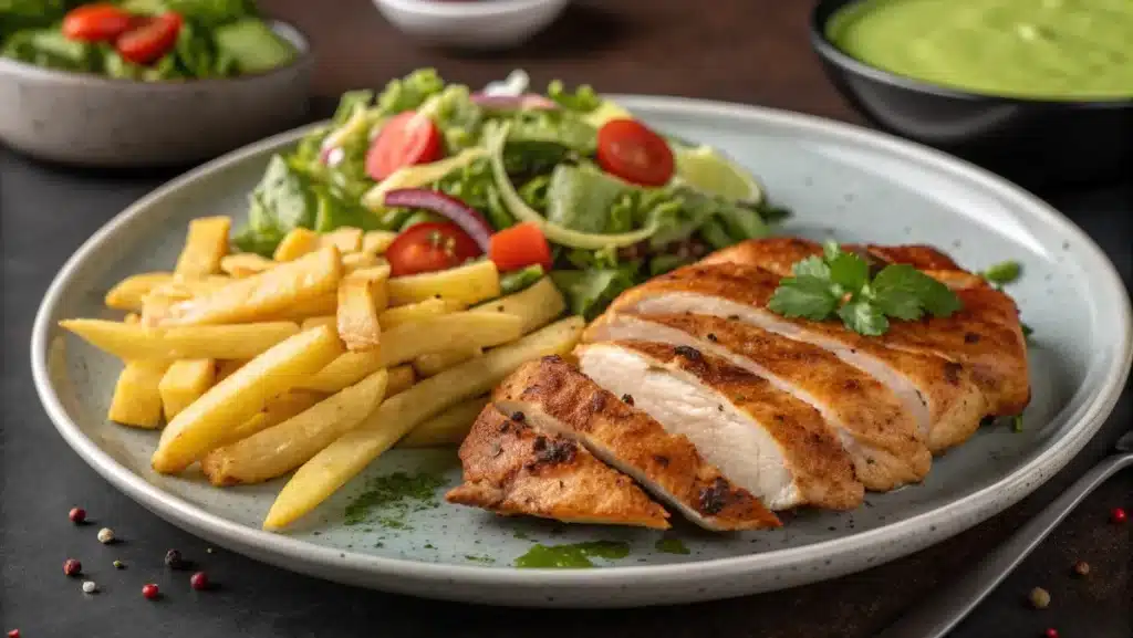 Peruvian chicken recipe with fries and salad