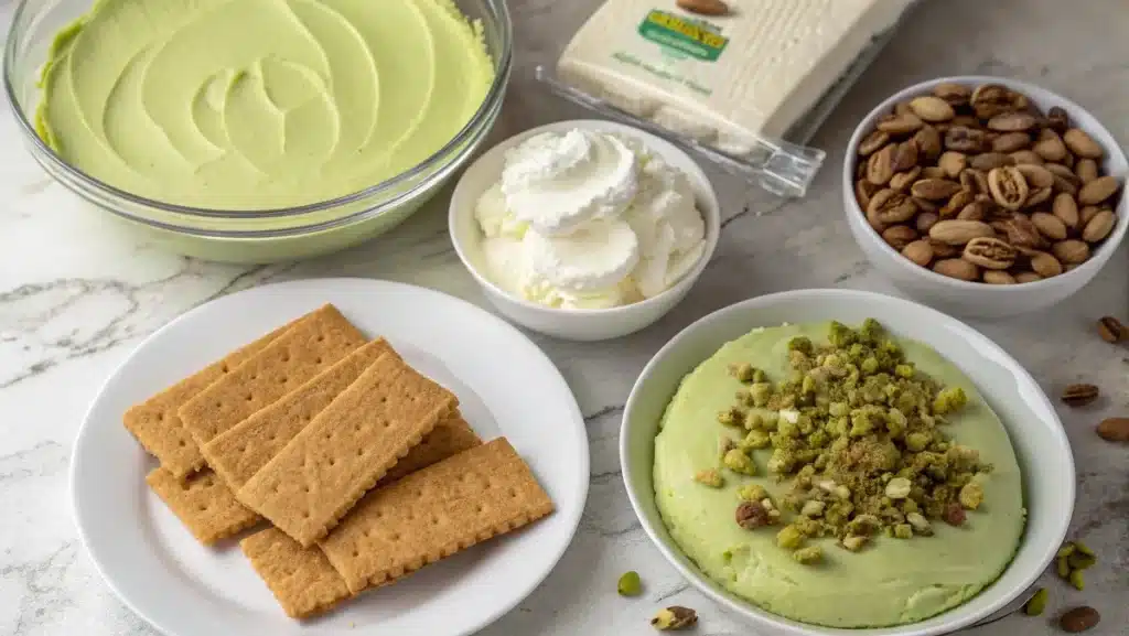 ingredients for pistachio no bake cheesecake laid on counter