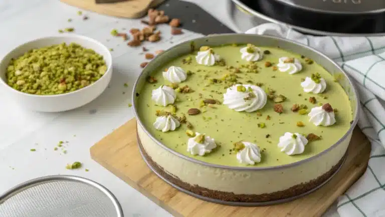 pistachio no bake cheesecake with chopped pistachios and whipped cream