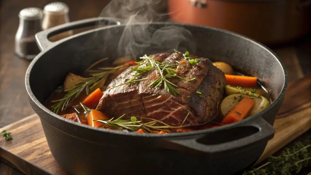 pot roast in Dutch oven with herbs
