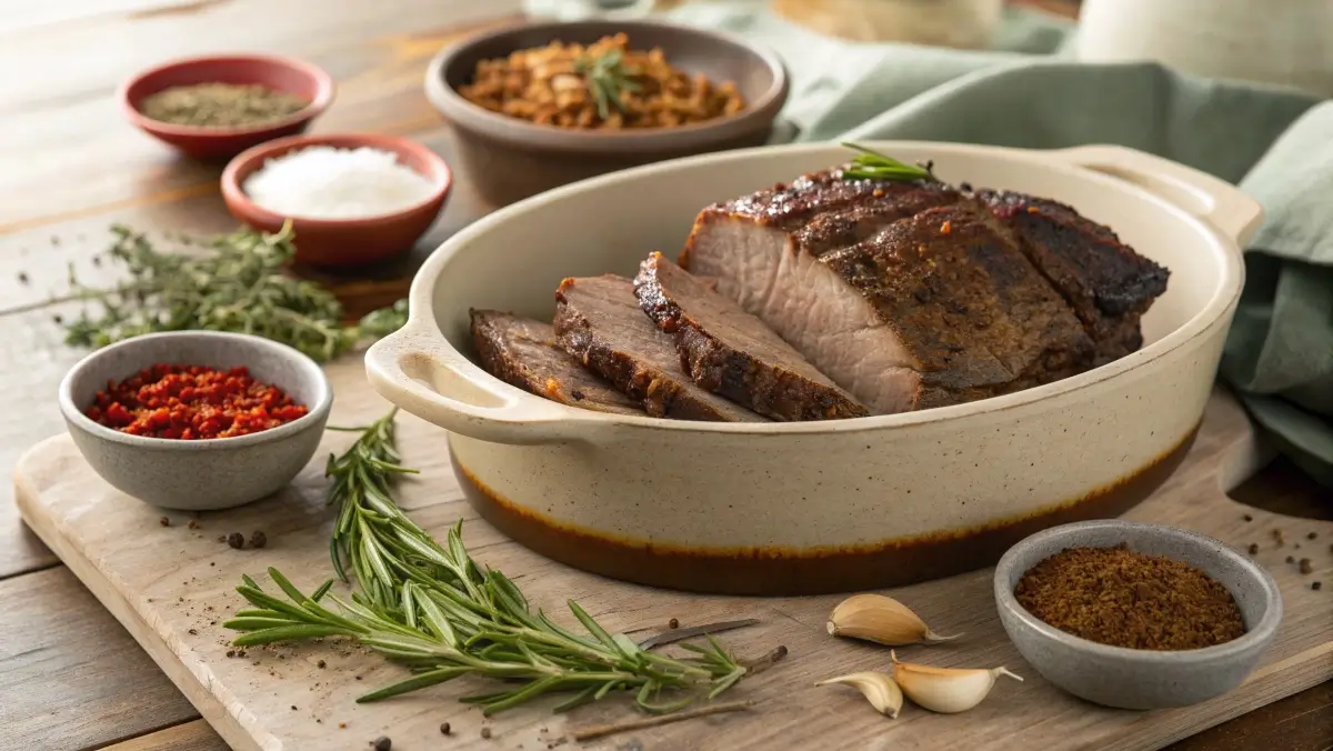 pot roast seasoning close-up with fresh herbs and spices