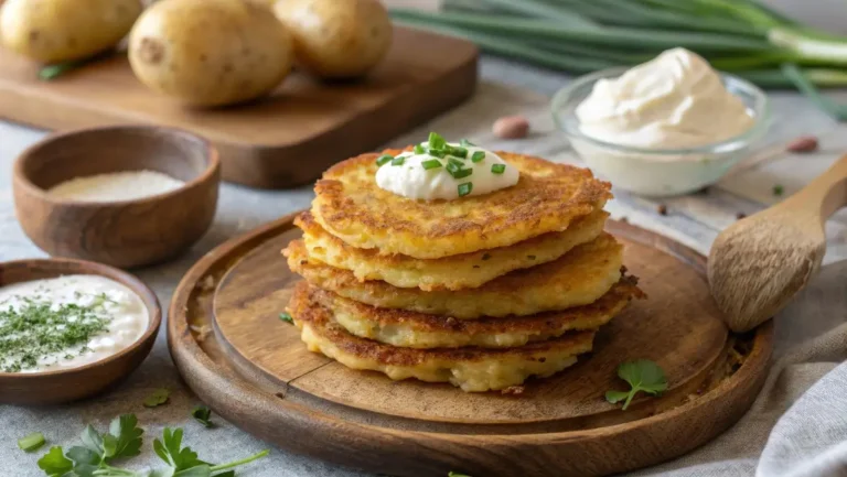Potato pancake mix stack with sour cream and chives