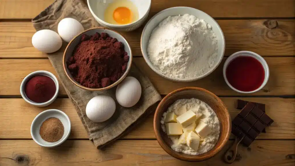 Red velvet waffle ingredients flat lay