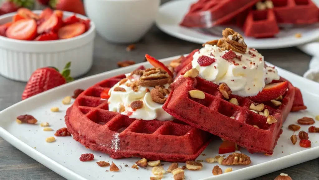 Red velvet waffles with toppings