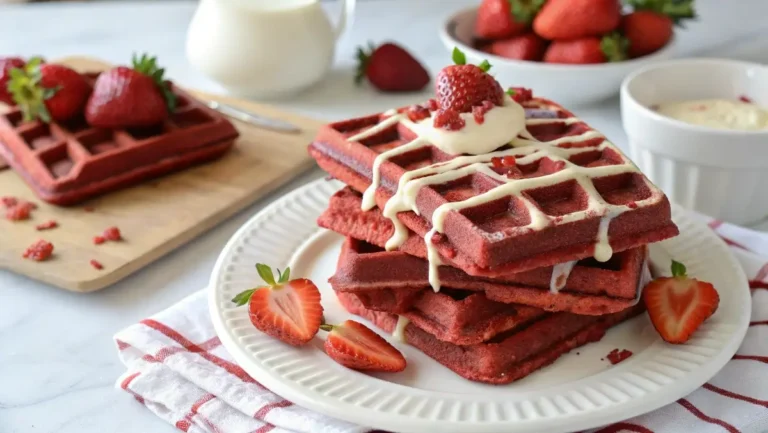 Red Velvet Waffles with cream cheese glaze and strawberries