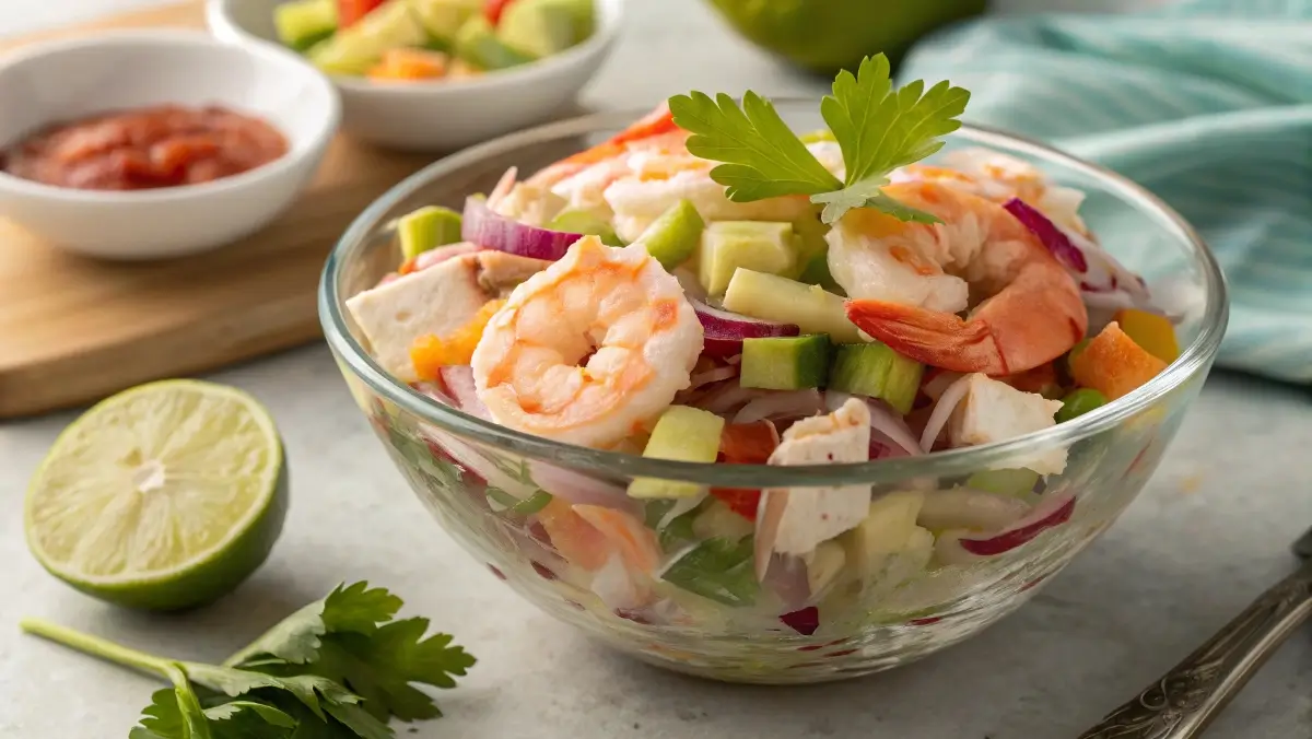 Seafood salad recipe with shrimp and crab in a glass bowl