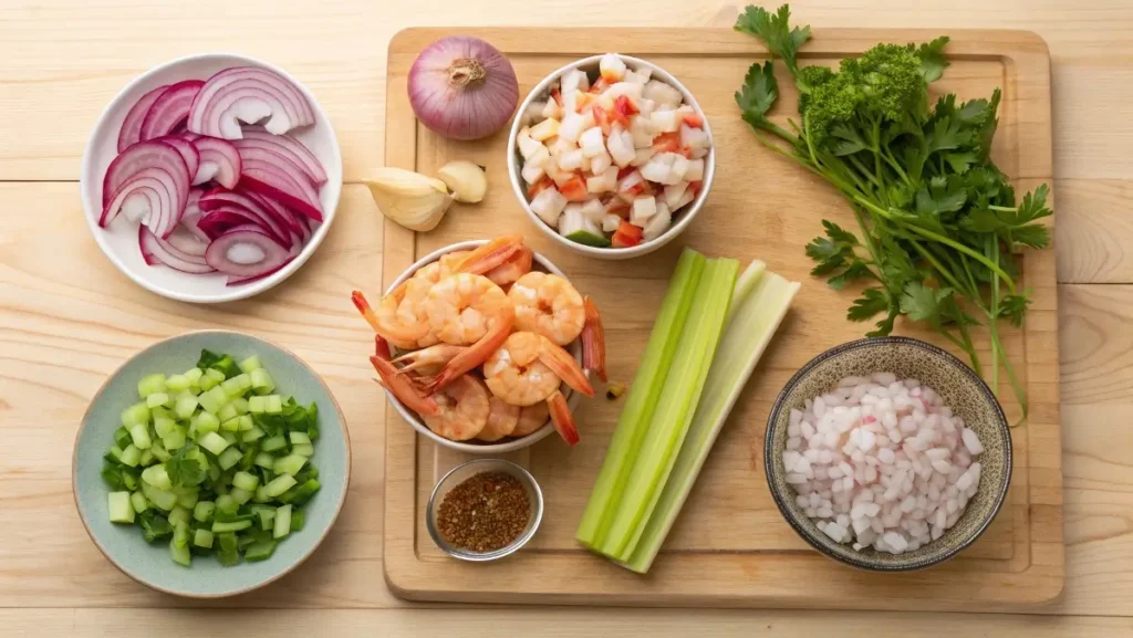 Fresh seafood salad recipe ingredients on cutting board