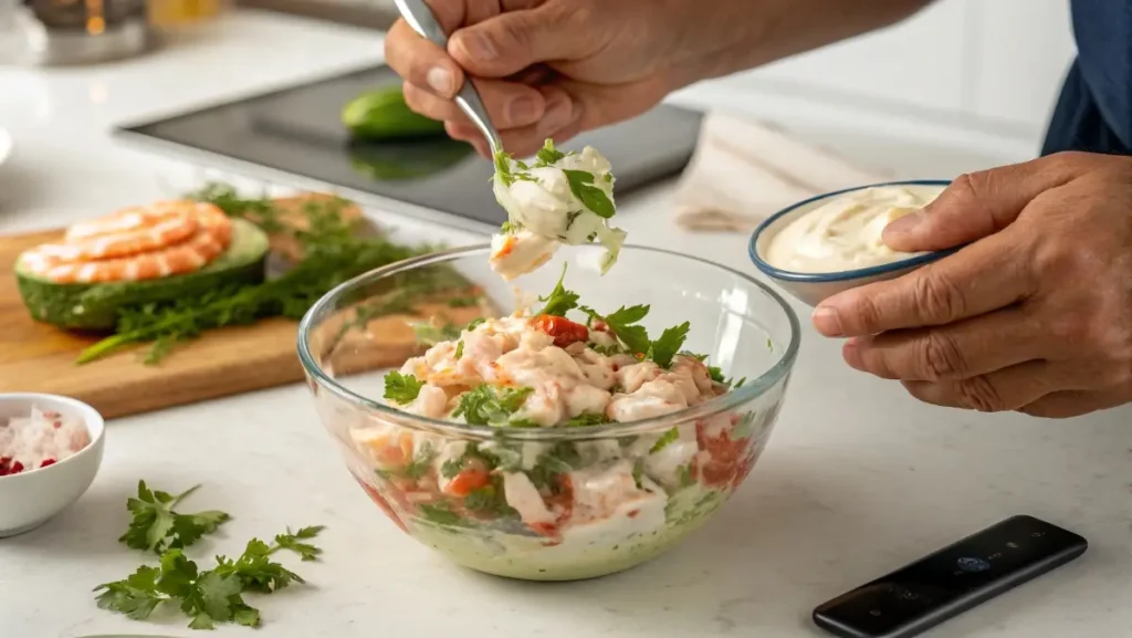 Mixing seafood salad recipe with mayonnaise in glass bowl