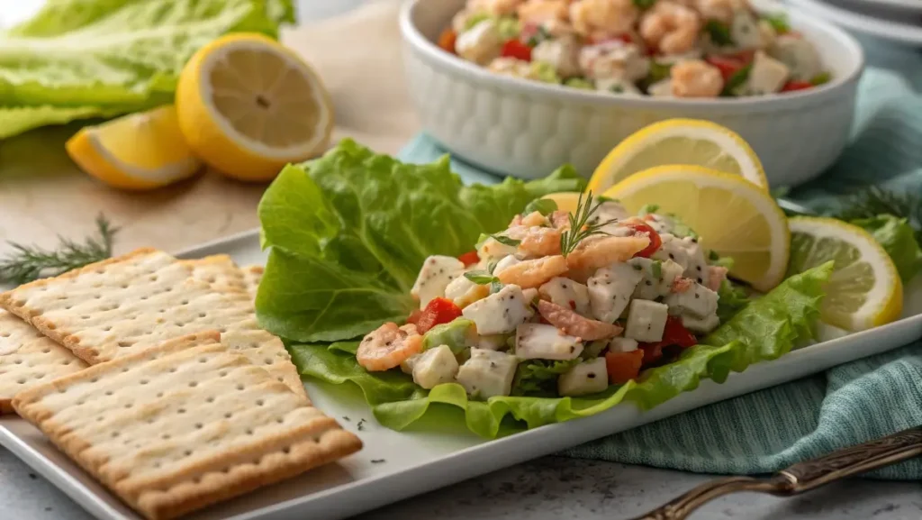 Seafood salad recipe served on lettuce leaves with lemon