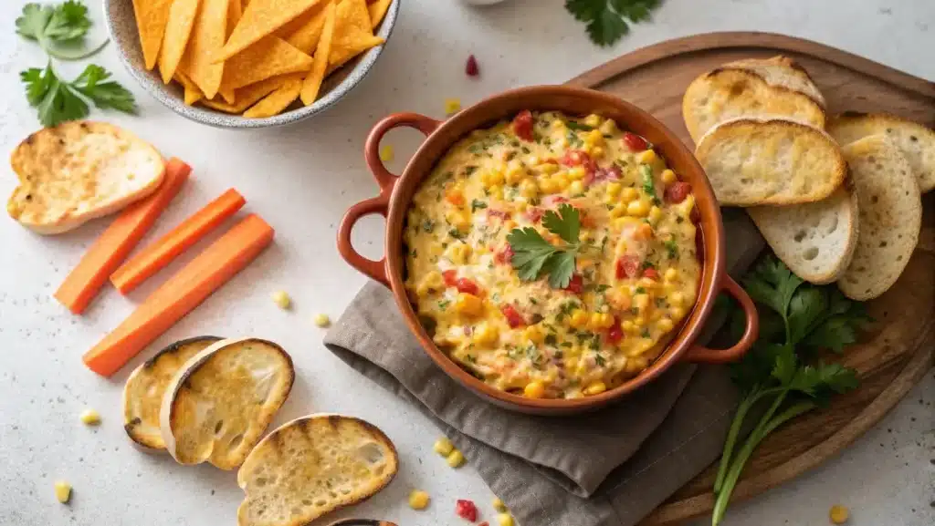 Serving Mexican Street Corn Dip Crock Pot with chips and veggies