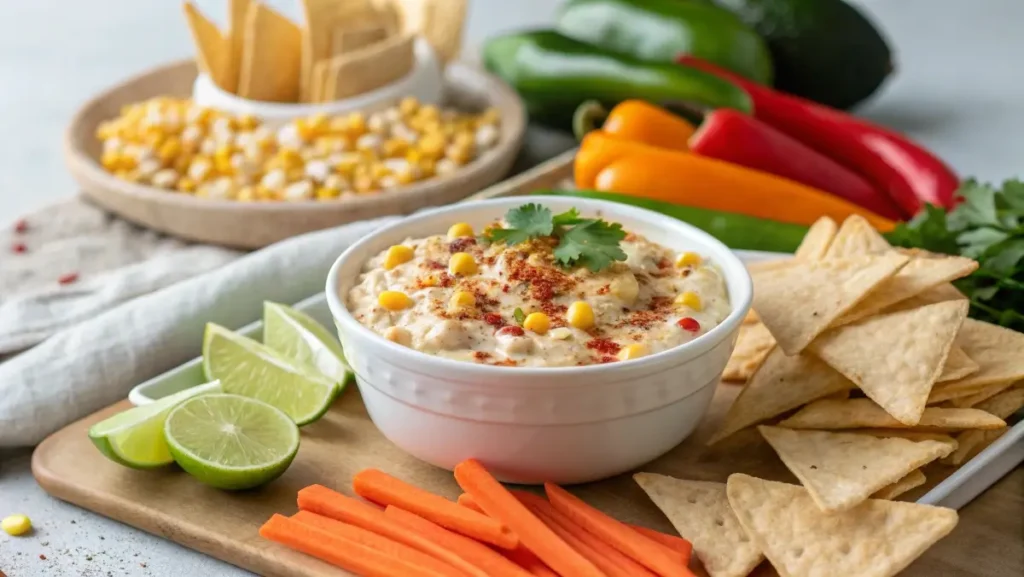 Mexican street corn dip with canned corn served with chips and vegetables
