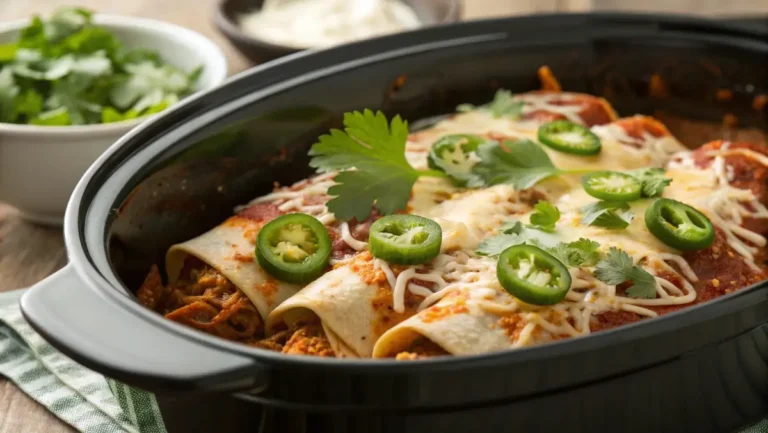 slow cooker chicken enchiladas with melted cheese and fresh toppings