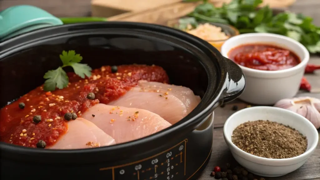 raw chicken with enchilada sauce and spices in slow cooker