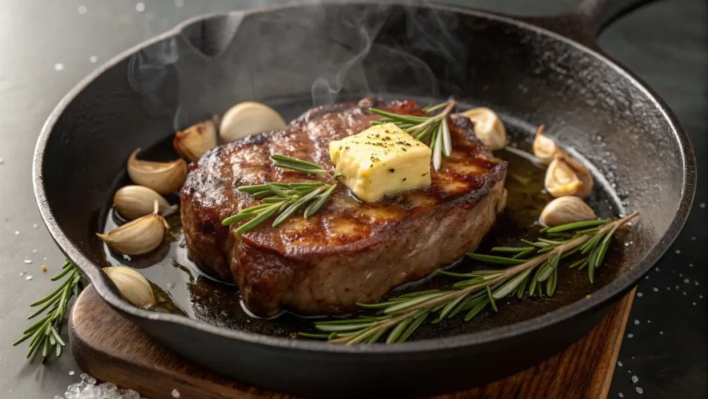 Steak searing with butter, garlic, and rosemary in a cast iron skillet.