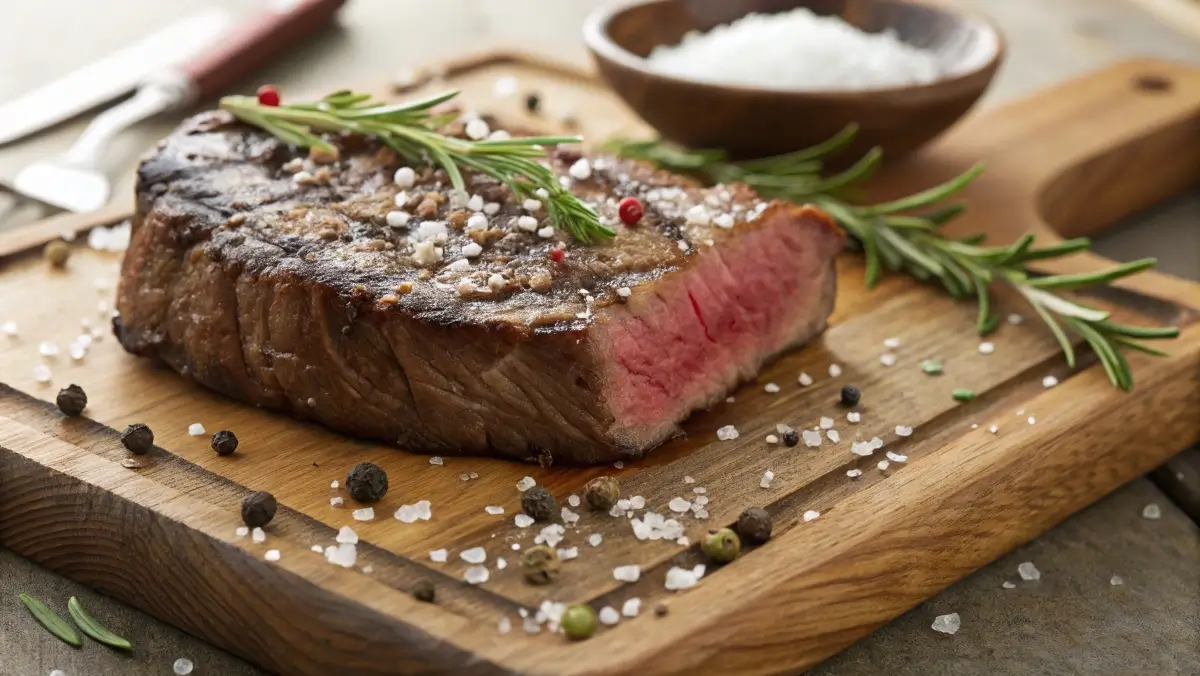 Steak seasoning recipe with salt, pepper, and herbs on seared steak.