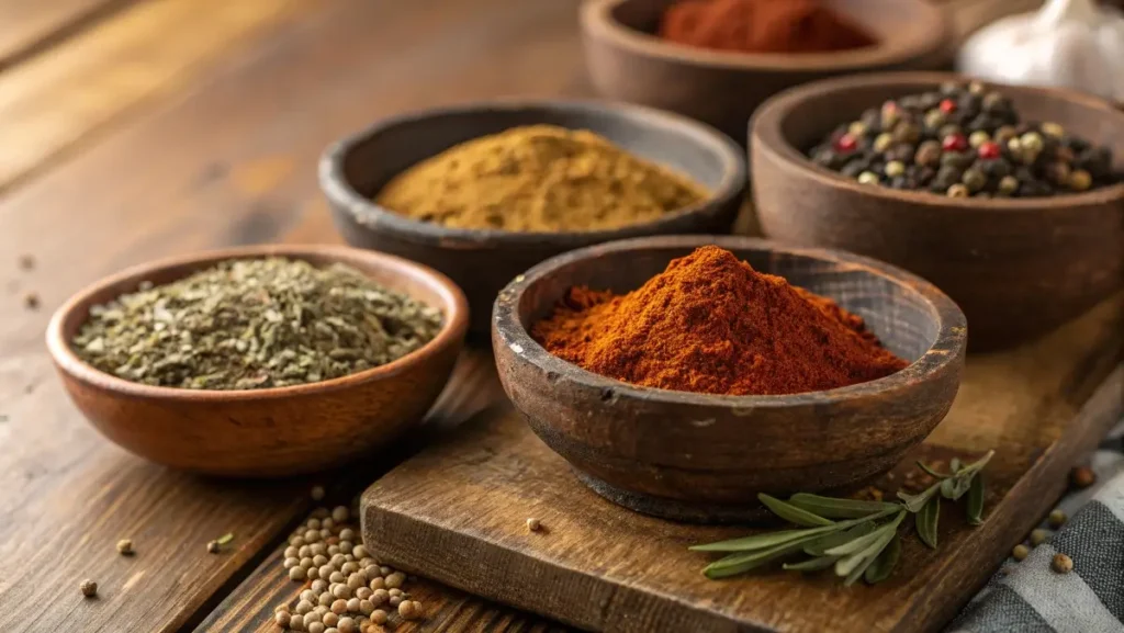 Steak seasoning spices including paprika, garlic powder, and rosemary.