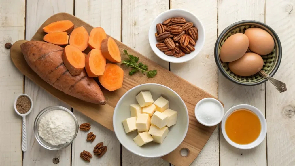 Sweet potato casserole ingredients flat lay