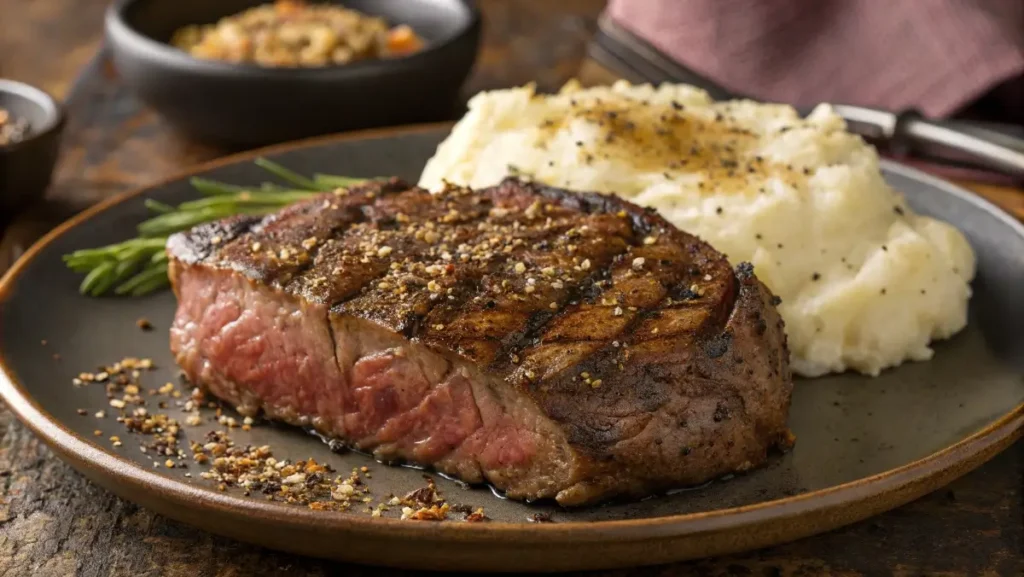 Texas Roadhouse-style steak with seasoned crust.