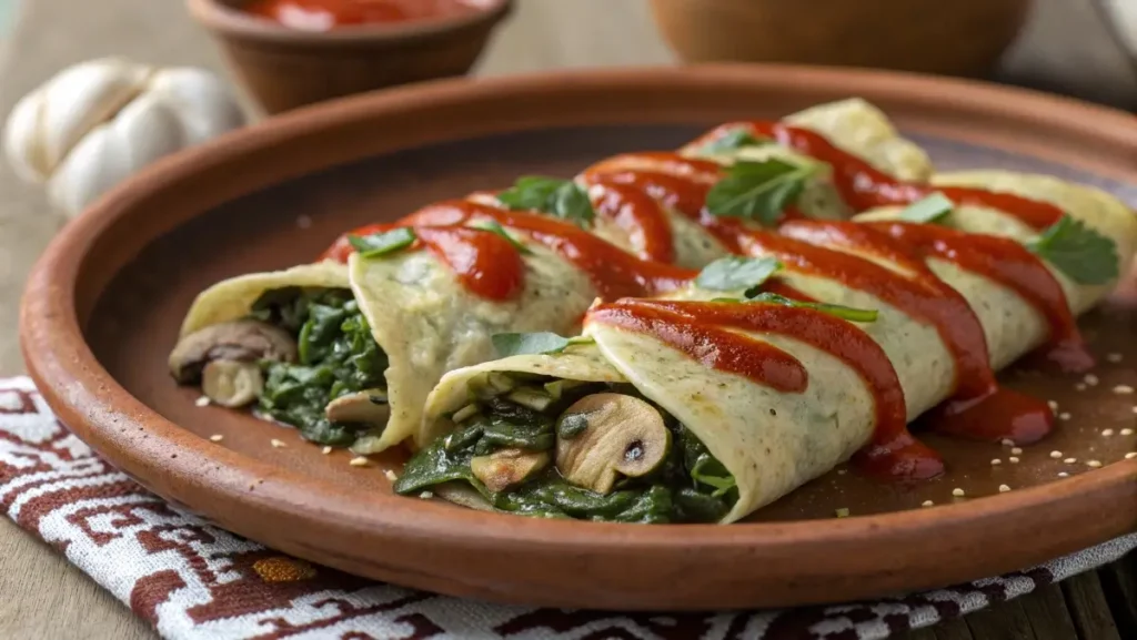 Vegetarian variation of enchiladas michoacanas with spinach and mushrooms