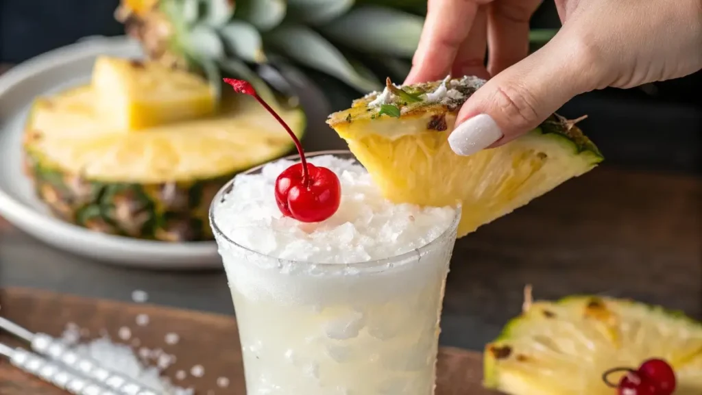 Garnishing a virgin pina colada with pineapple and cherry.
