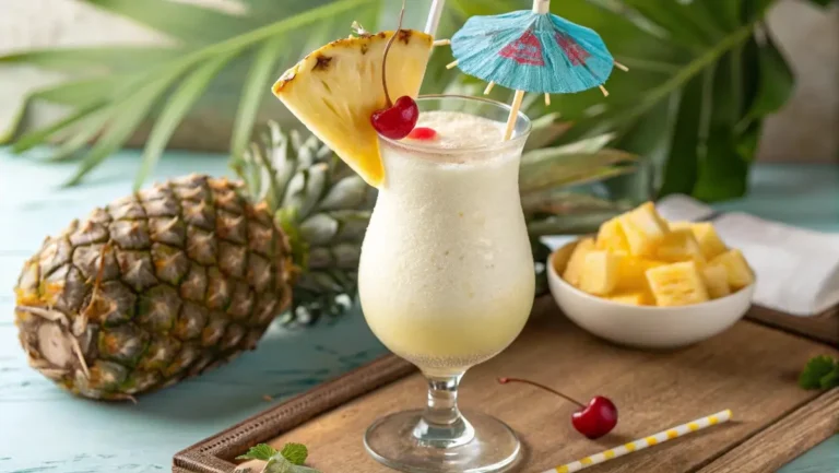 Virgin pina colada recipe in a chilled hurricane glass with tropical garnishes.