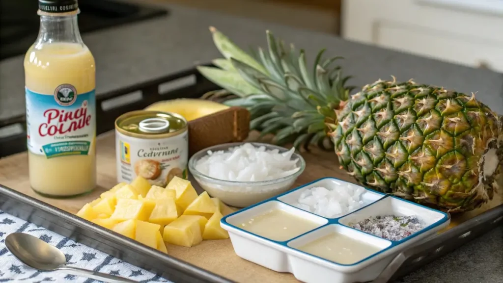 Virgin pina colada recipe ingredients on a kitchen counter.