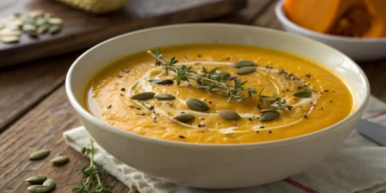 3 ingredient butternut squash soup in bowl with garnish