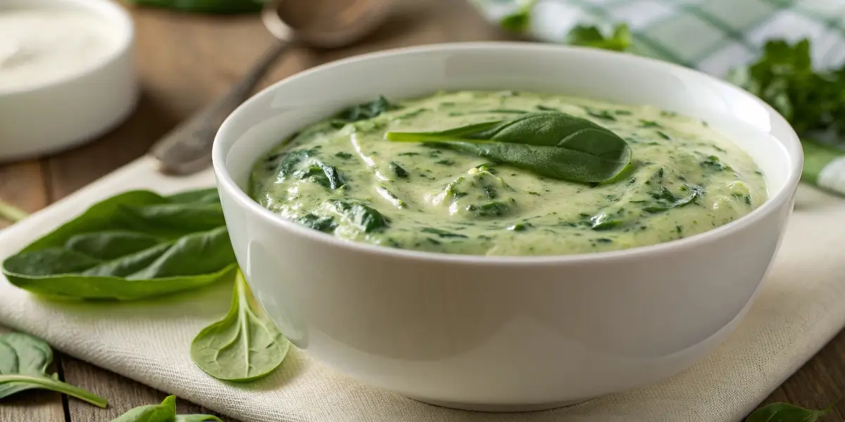 3 ingredient creamed spinach in a white bowl