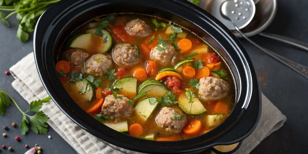 Slow-cooked albondigas soup simmering in a crockpot