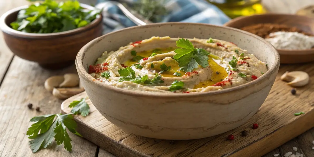 baba ganoush recipe without tahini in a rustic bowl