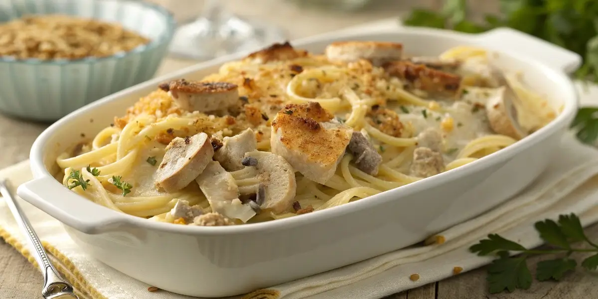 Barefoot Contessa turkey tetrazzini recipe baked in creamy sauce.