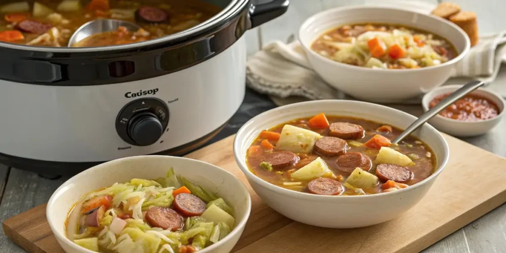 cabbage kielbasa soup recipe in slow cooker, stovetop, and Instant Pot