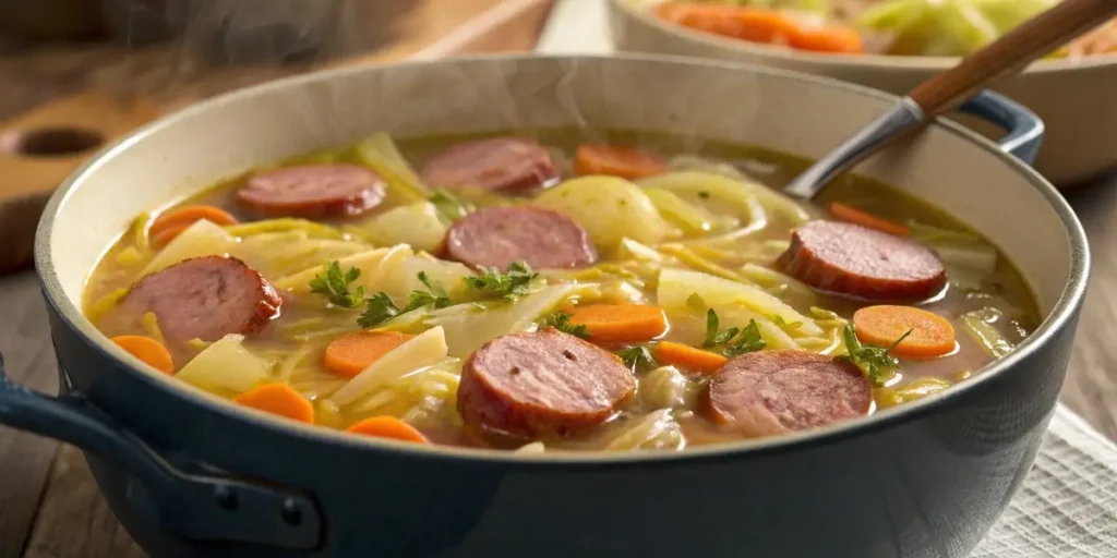 cabbage kielbasa soup simmering in pot