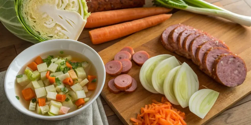 cabbage kielbasa soup ingredients on wooden counter