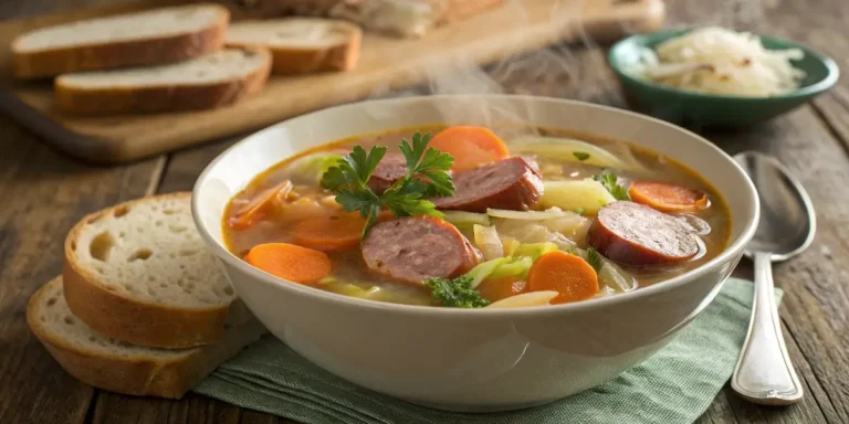 cabbage kielbasa soup in bowl with smoked sausage and cabbage