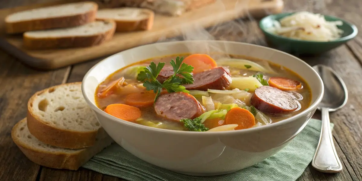 cabbage kielbasa soup in bowl with smoked sausage and cabbage